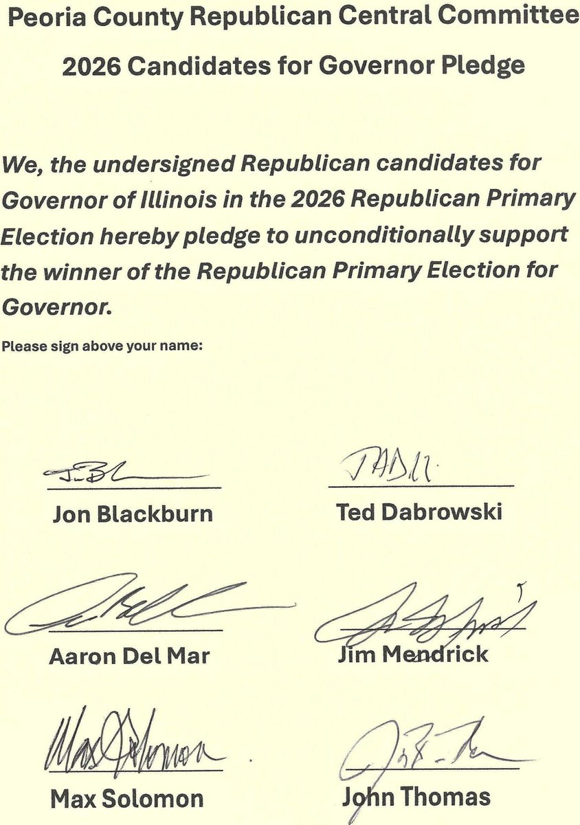 🚨 BREAKING: 6 Illinois GOP primary candidates SIGNED the unity pledge!
<a href="/ilpoliski/">Ted Dabrowski</a> <a href="/AaronDelMar/">Aaron Del Mar</a> <a href="/Mendrick4Gov/">Sheriff James Mendrick for Governor</a> <a href="/MmaxSolomon/">Max Solomon</a> @myTeamThomas + Jon Blackburn commit to unite behind the winner. Party unity in action! <a href="/ILGOP/">IL Republican Party</a> <a href="/pjstar/">Journal Star</a> #ILGOP #Primary2025 #Unity