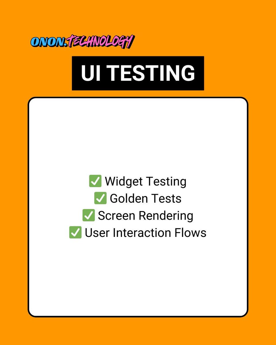 onon_technology's tweet image. 🧪 Flutter Testing Guide:
✨ Unit Tests: Validate core logic
✨ Widget Tests: Verify UI components
✨ Integration Tests: End-to-end flows
✨ Performance Tests: Ensure smooth UX
✨ CI/CD Automation
📱 WhatsApp: +852 9332 3868
🔗 onon.technology/blog
#FlutterTesting #QA