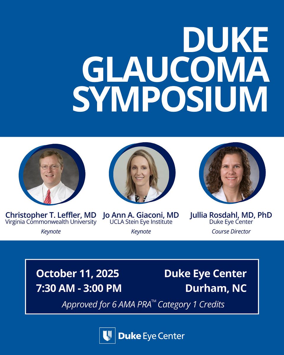 📅 Just one month to go!

The Duke Glaucoma Symposium is Oct. 11 at Duke Eye Center.

Learn the latest in glaucoma diagnosis &amp; treatment from top experts.
🔗 rsvp.duke.edu/event/c58d8ca2…