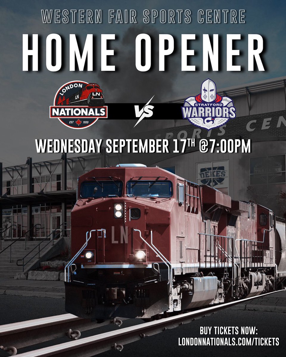🔥 ONLY 6 DAYS TO GO! 🔥
 The countdown is ON until the London Nationals Home Opener against the Stratford Warriors 🚂💨
 📅 Wed, Sept 17
⏰ 7:00 PM
📍 Western Fair Sports Centre

🎟️ Pack the rink + feel the energy! Get your tickets now 👉 londonnationals.com/tickets