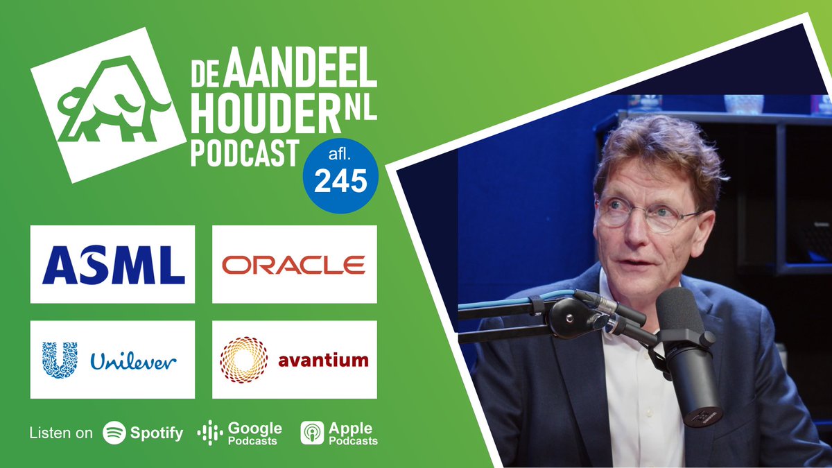 📢 Nieuwe podcast <a href="/deaandeelhouder/">DeAandeelHouder.NL</a> online!
📈 #Oracle, #ASML, #ForFarmers, #Avantium, #Sligro &amp; veel meer!
✅ Dé podcast voor beleggers!
👥 Host <a href="/NicoInberg/">Nico A. Inberg</a> , <a href="/AlbertJellema/">Albert Jellema</a>  en Fernand de Boer van Degroof Petercam.
▶️ Podcast bekijken: youtu.be/biMRRflNPaE