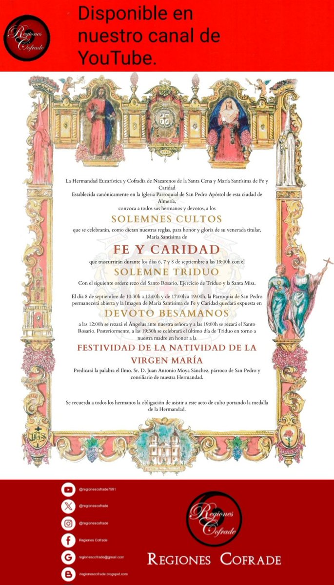 Disponible en nuestro canal de YouTube el vídeo del besamanos de la titular Mariana de <a href="/HdadCenaAlmeria/">Hermandad de la Santa Cena de Almería</a> #regionescofrade