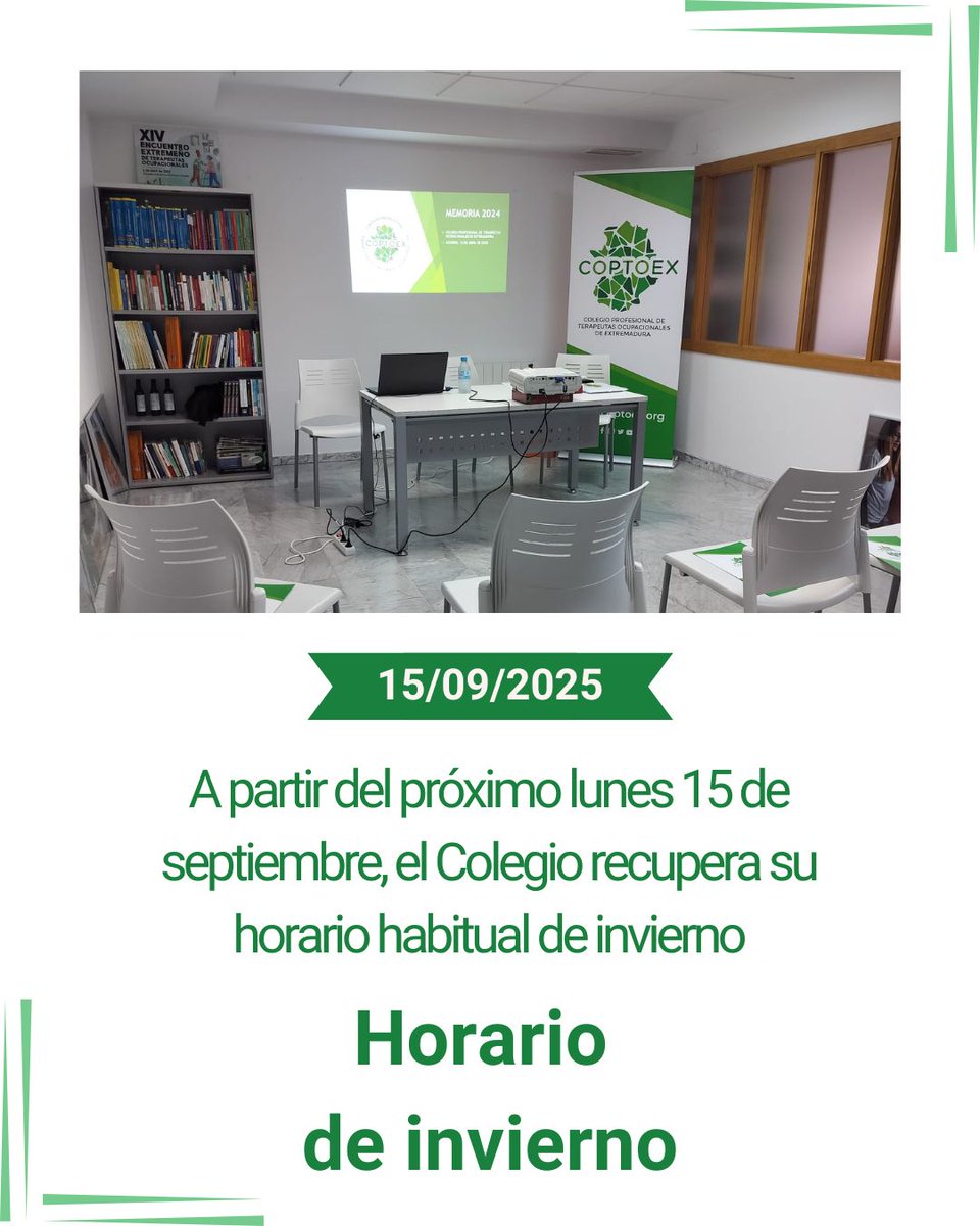 COPTOEX (@coptoex) on Twitter photo 𝗛𝗢𝗥𝗔𝗥𝗜𝗢𝗦 𝗗𝗘 𝗜𝗡𝗩𝗜𝗘𝗥𝗡𝗢 | Desde este próximo lunes, en el Colegio recuperamos el horario de invierno:
▪️Lunes a jueves de 9 a 14h
▪️Martes de 9 a 14h y de 16h a 20h
▪️Viernes de 8 a 14h
Más vías de contacto:
📩 coptoex@coptoex.org
📱 672 713 538
☎️ 927 10 01 48 𝗛𝗢𝗥𝗔𝗥𝗜𝗢𝗦 𝗗𝗘 𝗜𝗡𝗩𝗜𝗘𝗥𝗡𝗢 | Desde este próximo lunes, en el Colegio recuperamos el horario de invierno:
▪️Lunes a jueves de 9 a 14h
▪️Martes de 9 a 14h y de 16h a 20h
▪️Viernes de 8 a 14h
Más vías de contacto:
📩 coptoex@coptoex.org
📱 672 713 538
☎️ 927 10 01 48