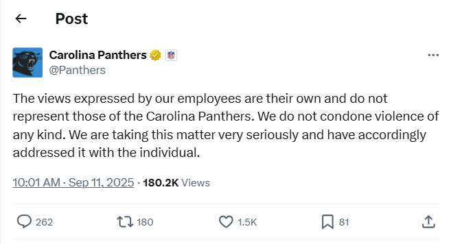 MySportsUpdate's tweet photo. The #Panthers have fired a football communications staffer for IG story posts mocking the death of Charlie Kirk, per @scott_fowler.
The team also released a statement addressing the situation: https://t.co/eeec3GXX4B