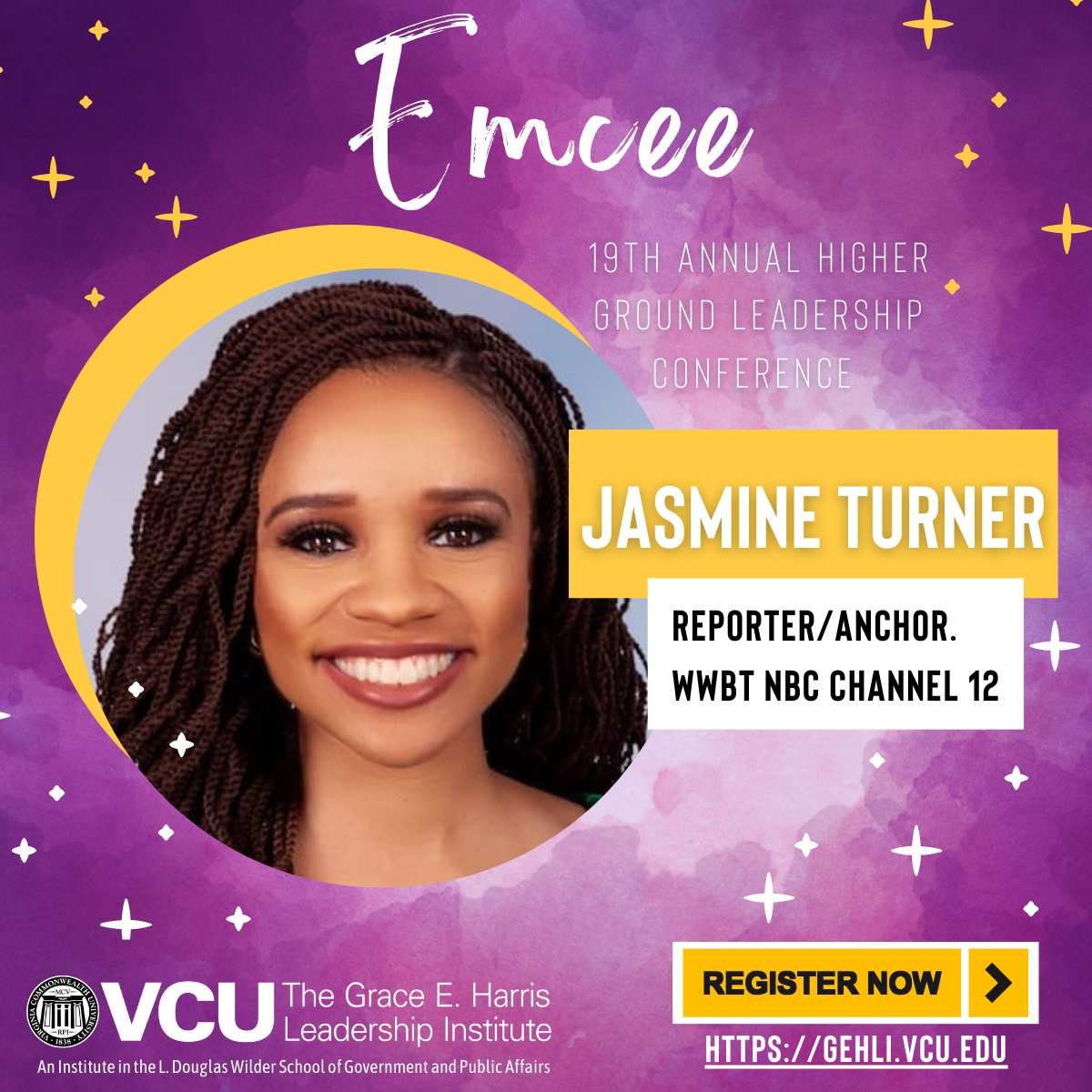 We’re thrilled to welcome Jasmine Turner, Emmy Award–winning anchor &amp; reporter for NBC12, as the Emcee for the 19th Annual HIGHER Ground Leadership Conference!

Nov 7 | Richmond Marriott
Early Bird $250 — extended thru Sept 12
Register: gehli.vcu.edu/higher-ground-…

#GEHLI #VCU