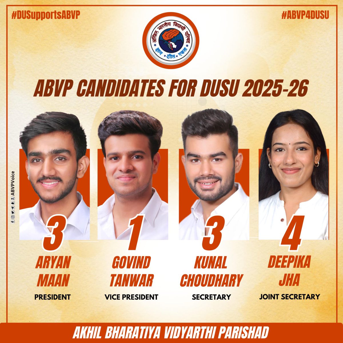 nidhitripathi92's tweet photo. DUSU में परिषद् की हुंकार 
तीन, एक, तीन, चार। 

दिल्ली विश्वविद्यालय छात्रसंघ चुनाव हेतु अभाविप प्रत्याशी 
अध्यक्ष - आर्यन मान 
उपाध्यक्ष - गोविन्द तंवर 
सचिव - कुणाल चौधरी 
सह सचिव - दीपिका झा 
#ABVP4DUSU https://t.co/pCueZVgGJU