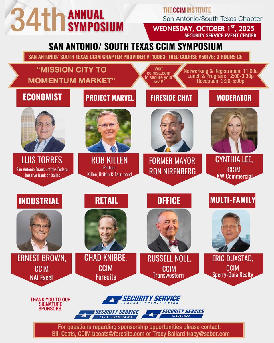 JonG_CCIM's tweet image. The 34th Annual CCIM Symposium is stacked with powerhouse speakers!
From economic forecasts to market deep dives in Industrial, Retail, Office, and Multi-Family — plus a fireside chat with former Mayor @Ron_Nirenberg — this is the must-attend CRE event of the year.
📅 October 1,…
