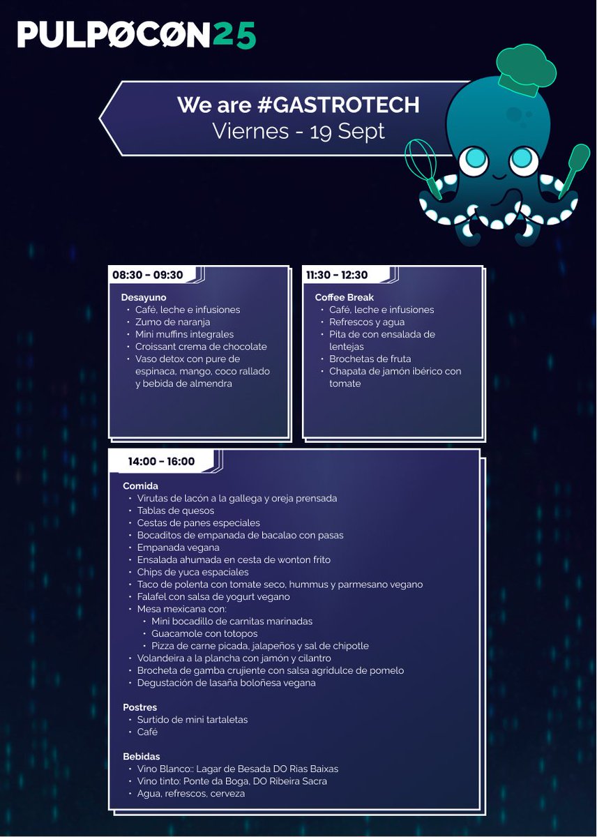 phpulpocon's tweet image. Aunque sábado es el Big Day, el viernes está repleto de GastroChecks 🐙 Porque en la #pulpoCon25 ademas de charlas, talleres, hay sabor:
🧀 Quesos, volandeira, tacos, falafel...
🥗 Opciones veganas, vegetarianas...
🍷 Vinos gallegos
Mira el menú completo del viernes 👇