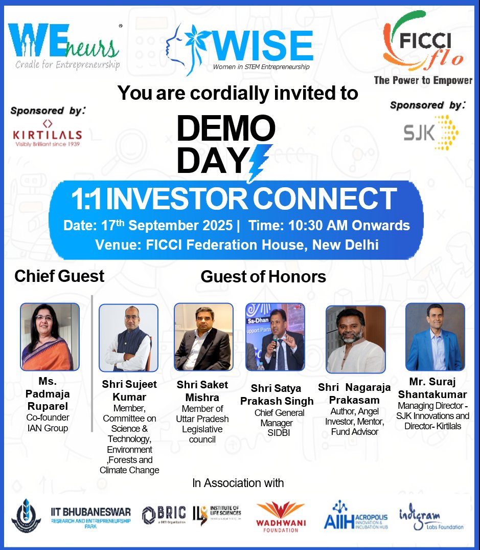 🌟 Excited to host WISE Demo Day on 17 Sept 2025 at FICCI Federation House, New Delhi 🚀✨
In collaboration with FICCI FLO, we celebrate the innovation &amp; resilience of women-led startups with investors, mentors &amp; leaders. 
#WISEDemoDay #WomenInSTEM #Entrepreneurship #Innovation