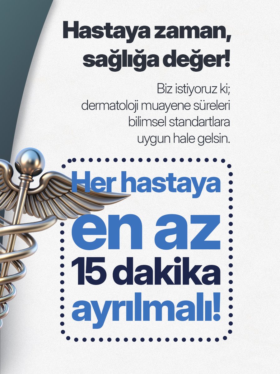 Cildiniz, sağlığınızın önemli bir parçasıdır.
Ama dermatologlara 5 dakikada bir hasta bakma dayatması, doğru tanı ve güvenli tedaviyi riske atıyor.

Biz diyoruz ki: her hastaya en az 15 dakika ayrılmalı.
Çünkü sağlık 5 dakikaya sığmaz.
#TürkDermatolojiDerneği #dermatoloji #cilt