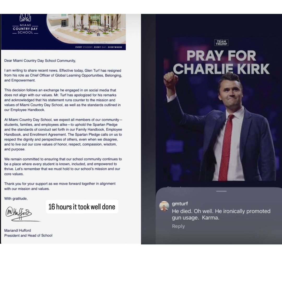 EricLDaugh's tweet image. 🚨 BREAKING: Miami Country Day School official Glen Turf RESIGNS after celebrating the death of Charlie Kirk.

GTFO, scumbag. Hope you never get a job in education again. And get out of Florida.