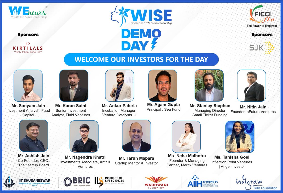 🚀 WISE Demo Day | 17 Sept 2025 | FICCI Federation House, New Delhi 🚀
We’re proud to welcome our investors who will guide and support women-led start-ups at #WISEDemoDay 🌟
🙏 Thanks to Kirtilals, SJK Innovations, &amp; FICCI FLO for empowering women entrepreneurs.

#WomenInSTEM
