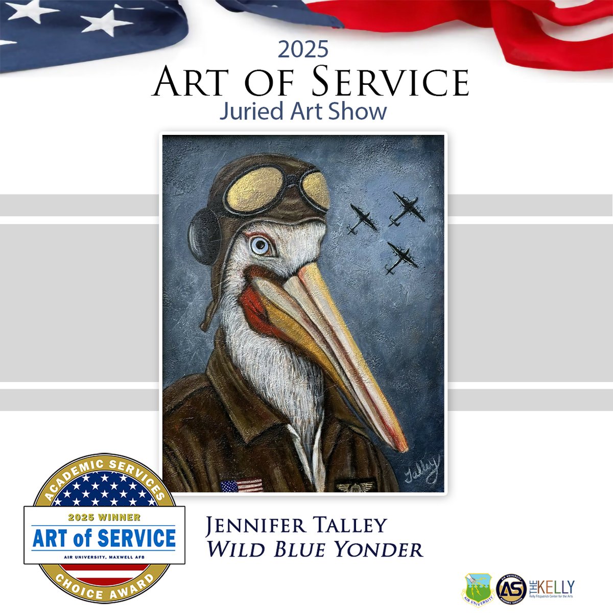 Congrats to Jennifer Talley, artist of Wild Blue Yonder, for winning the Academic Services Choice Award! 

View the Art of Service gallery at: ow.ly/Qo3r50WTUr2

Thank you to all who made this year’s show a success in honoring service, dedication, and creativity.