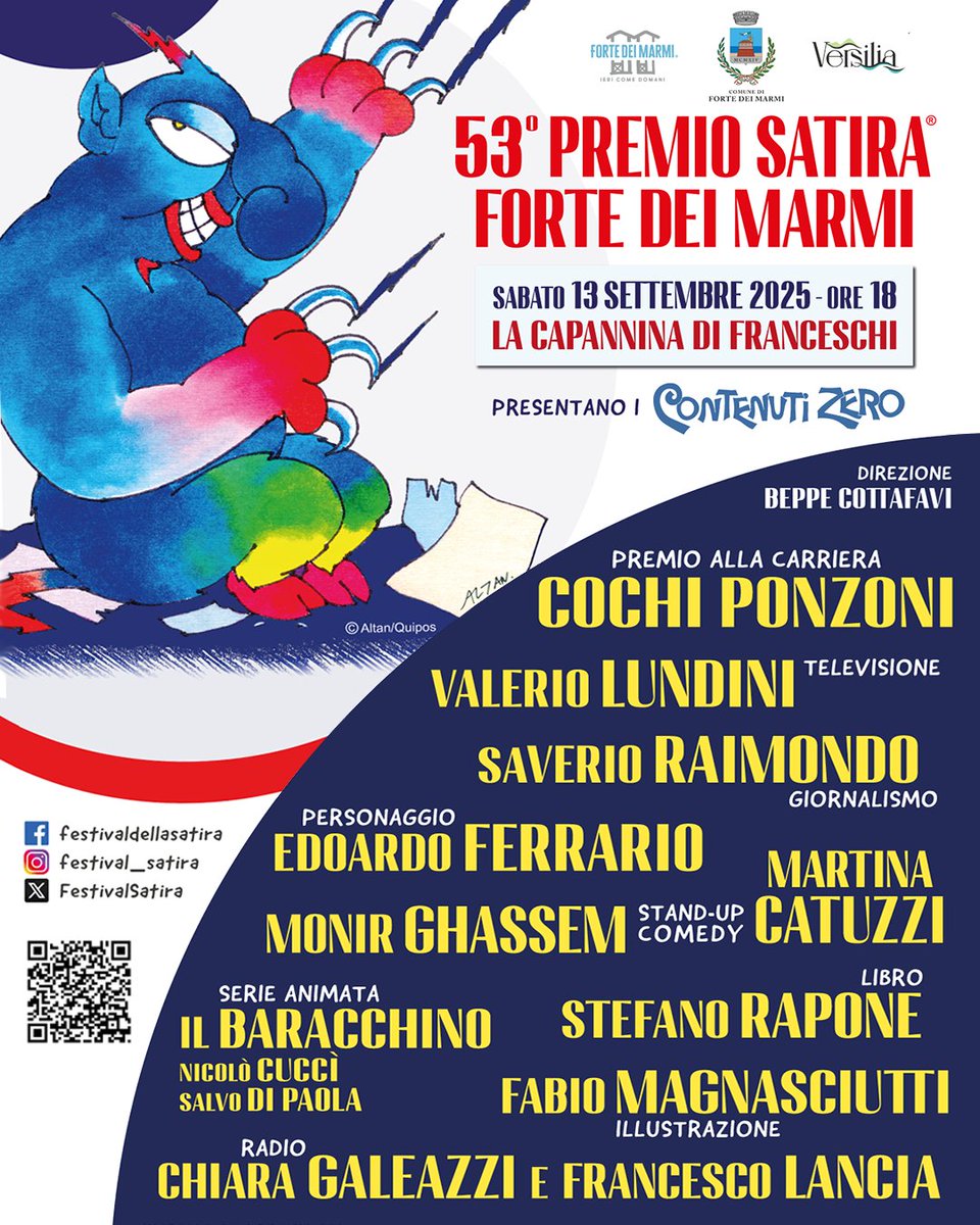 ⭐Manca pochissimo al 53° Premio Satira! Ecco il manifesto ufficiale con tutti i premiati che SABATO 13 SETTEMBRE saranno a Forte dei Marmi. 

L'ingresso alla premiazione è gratuito: prenotate il vostro posto! Tutte le informazioni qui 👇
comune.fortedeimarmi.lu.it/novita/premio-…