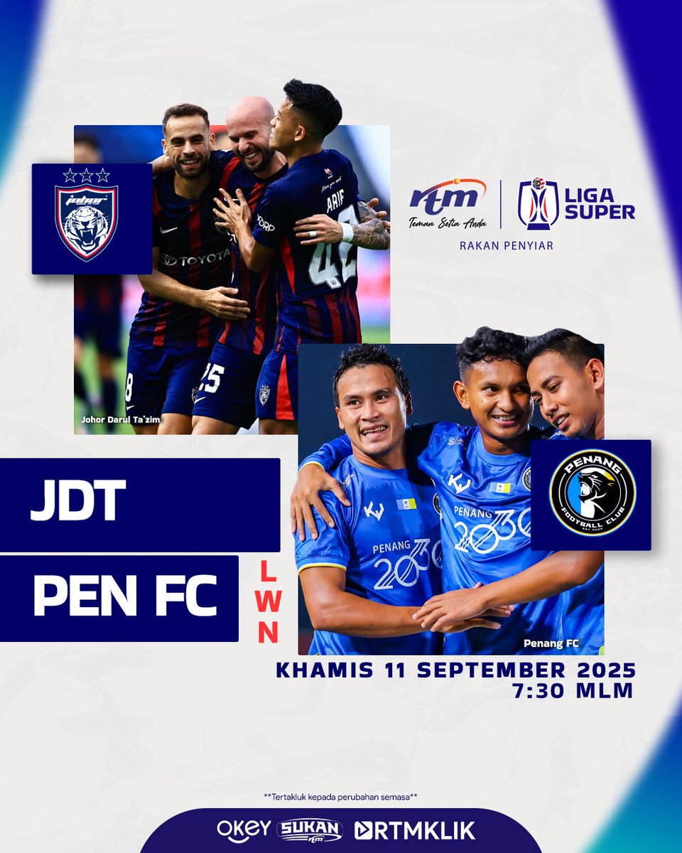 RTM_Malaysia's tweet image. Malam penuh aksi, jangan ketinggalan JDT menentang Penang FC!

Jom layan di TVOkey, Sukan RTM dan boleh layan di RTMKLIK 👇

rtmklik.rtm.gov.my/live/okey

rtmklik.rtm.gov.my/live/sukanrtm

#SukanRTM
#LigaSuper