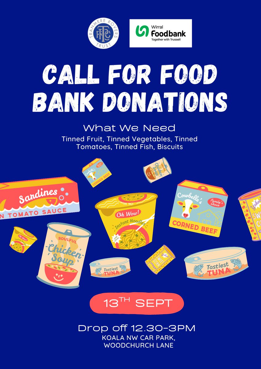 We’ll be collecting food bank donations this Saturday before the Newport match in partnership with <a href="/FoodbankWirral/">Wirral Foodbank</a>

Simply bring the items along to our pop-up <a href="/KoalaNorthWest/">KoalaNorthWest</a> between 12.30pm-3pm, just one🥫will help feed local families 💙

#HungerDoesntWearClubColours #TRFC #SWA