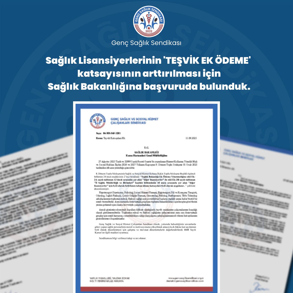 Sağlık lisansiyerlerinin 'TEŞVİK EK  ÖDEME' katsayısı arttrılmalı ve Sağlık Bakanlığı atamalarında lisansiyerlere ayrılan kadro sayısı yükseltilmelidir.

Genç Sağlık Sendikası olarak, sağlık lisansiyerlerinin teşvik ek ödeme katsayısının 0,42’ye yükseltilmesini yeterli