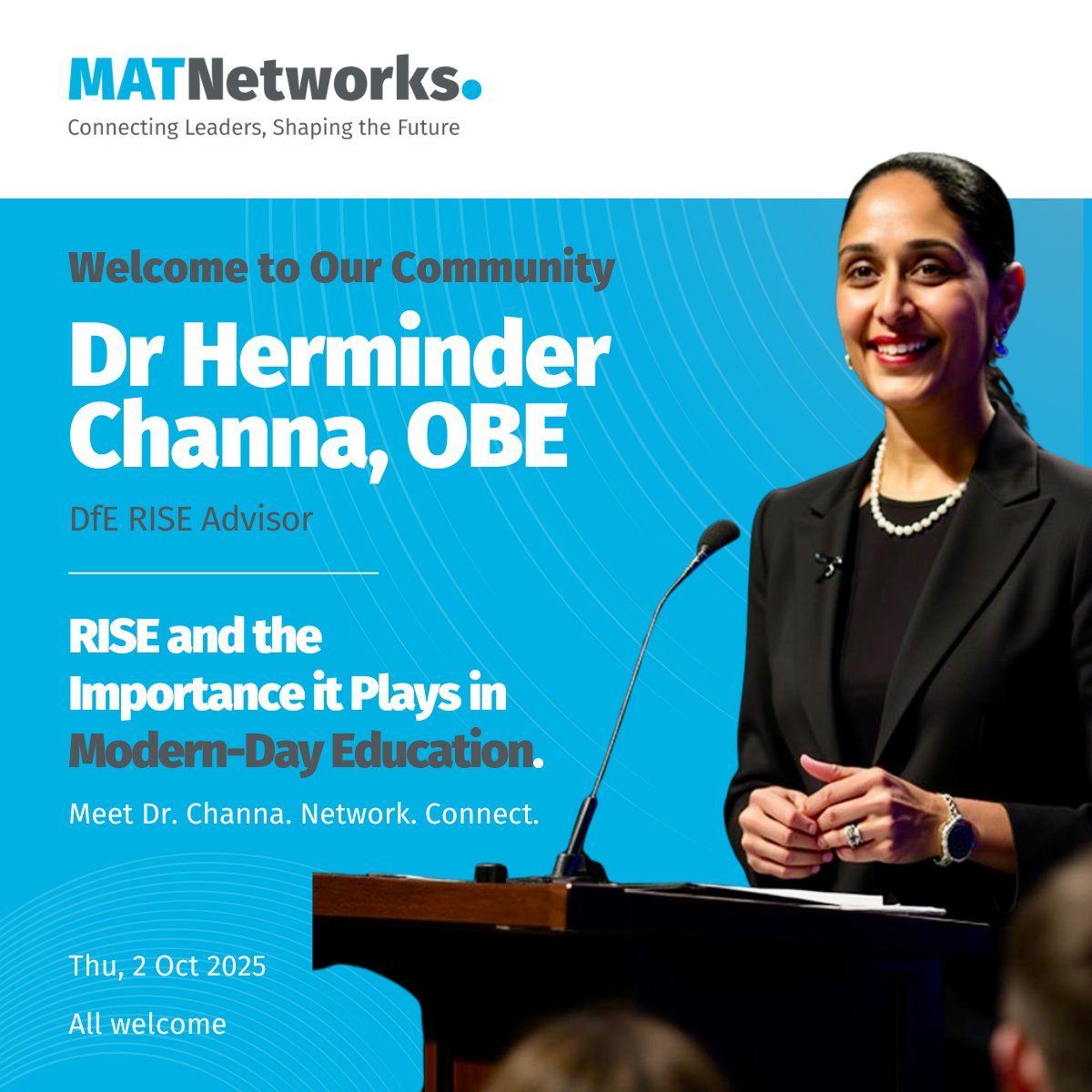 Delighted to welcome <a href="/HerminderChanna/">Dr Herminder Channa OBE NLE Regional Director OCL</a> to deliver a keynote about RISE at the West Midlands MATNetworks Event on 2nd Oct. Full agenda &amp; complimentary tickets for all delegates here. 😊 eventbrite.co.uk/e/matnetworks-…

#networking #regional #MATnetworks