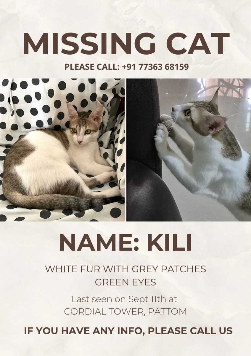 Please please please if you’re in the Pattom (Trivandrum) area keep a lookout for my baby. He responds to the name kili and he loves getting head scratches and treats and he’s the sweetest little boy. 

Neighbours claimed that they saw him near the Chicking in pattom