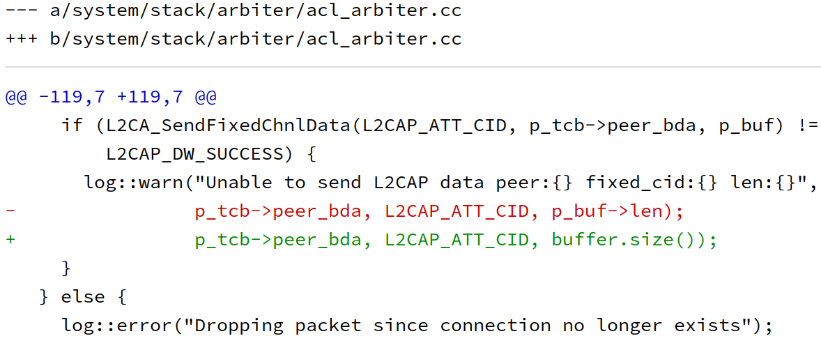 xvonfers's tweet photo. (CVE-2025-48539)[406785684]Critical RCE in Android BT stack. UAF read in acl_arbiter.cc SendPacketToPeer - frees BT_HDR on L2CAP fail (no CCB), then logs dangling len. Trigger via LE connect/disconnect race.
https://t.co/59Ilm2xhz1 https://t.co/5nK3L4le00
