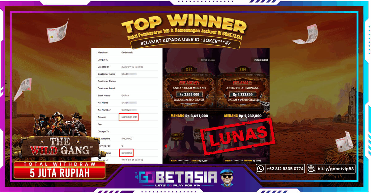 buktijpgobet's tweet photo. Jackpot Winner The Wild Gangs Gobetasia : Rp 5 Juta Lunas ! -  https://t.co/bU2Cl2GoyV https://t.co/XimYx2bg8U