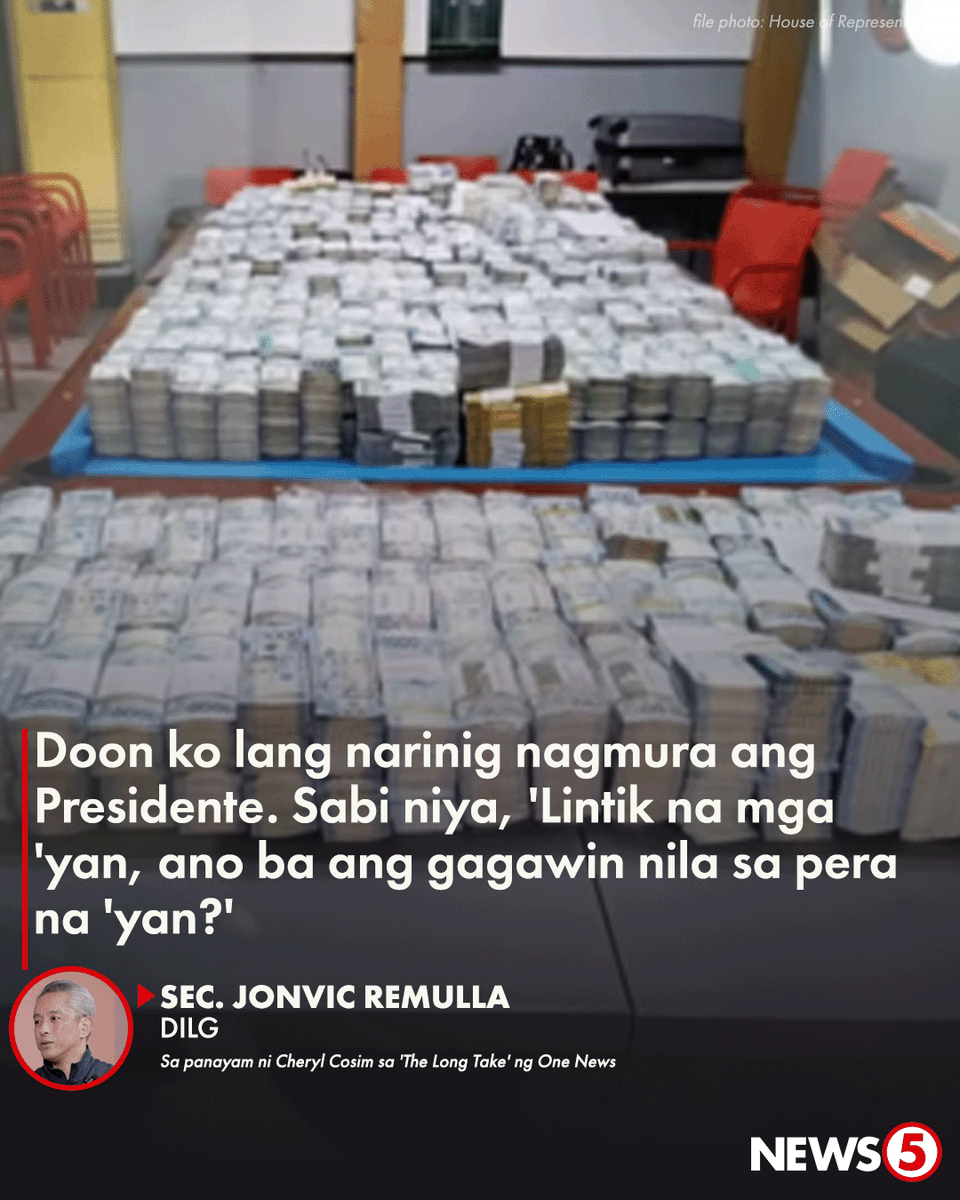 News5PH's tweet photo. 'LINTIK NA MGA 'YAN'
Napamura umano si Pres. Bongbong Marcos nang makita ang limpak-limpak na pera sa mesa na pinaghati-hatian umano sa flood control projects, ayon kay Interior Sec. Jonvic Remulla sa panayam sa kaniya ni Cheryl Cosim sa #TheLongTake ng One News. https://t.co/VSwc9lY8qu