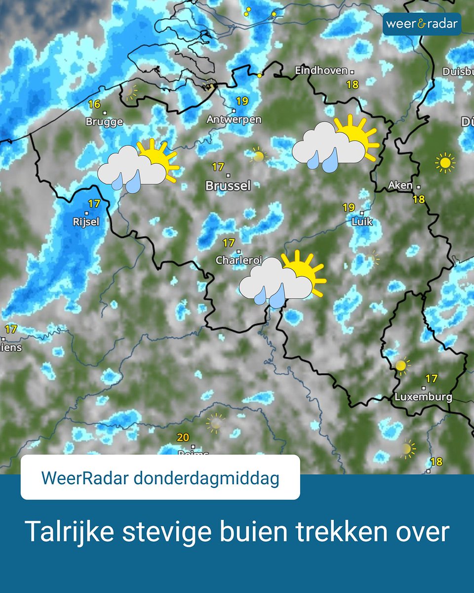 weerenradar_be's tweet image. In de komende uren trekken er talrijke buien over het land.⛈️ Blijf droog door de buien op de WeerRadar te volgen: app.weerenradar.be/U13Q/d6bdpp86 

#buien #weerupdate #weernieuws #weerbericht #paraplu #regen #wind #herfst
