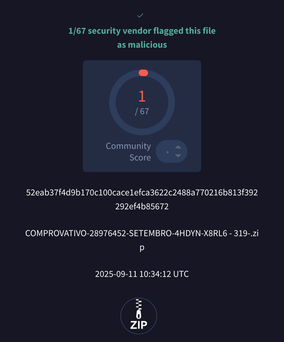 'COMPROVATIVO-28976452-SETEMBRO-4HDYN-X8RL6 - 319-.zip' <a href="/abuse_ch/">abuse.ch</a> 
SGML in it with the same low detection. 
bazaar.abuse.ch/sample/52eab37… 
URL(https): /autoridade-tributaria-pt(.)org/SET-FAT/818.php 
<a href="/skocherhan/">ܛܔܔܔܛܔܛܔܛ</a>
