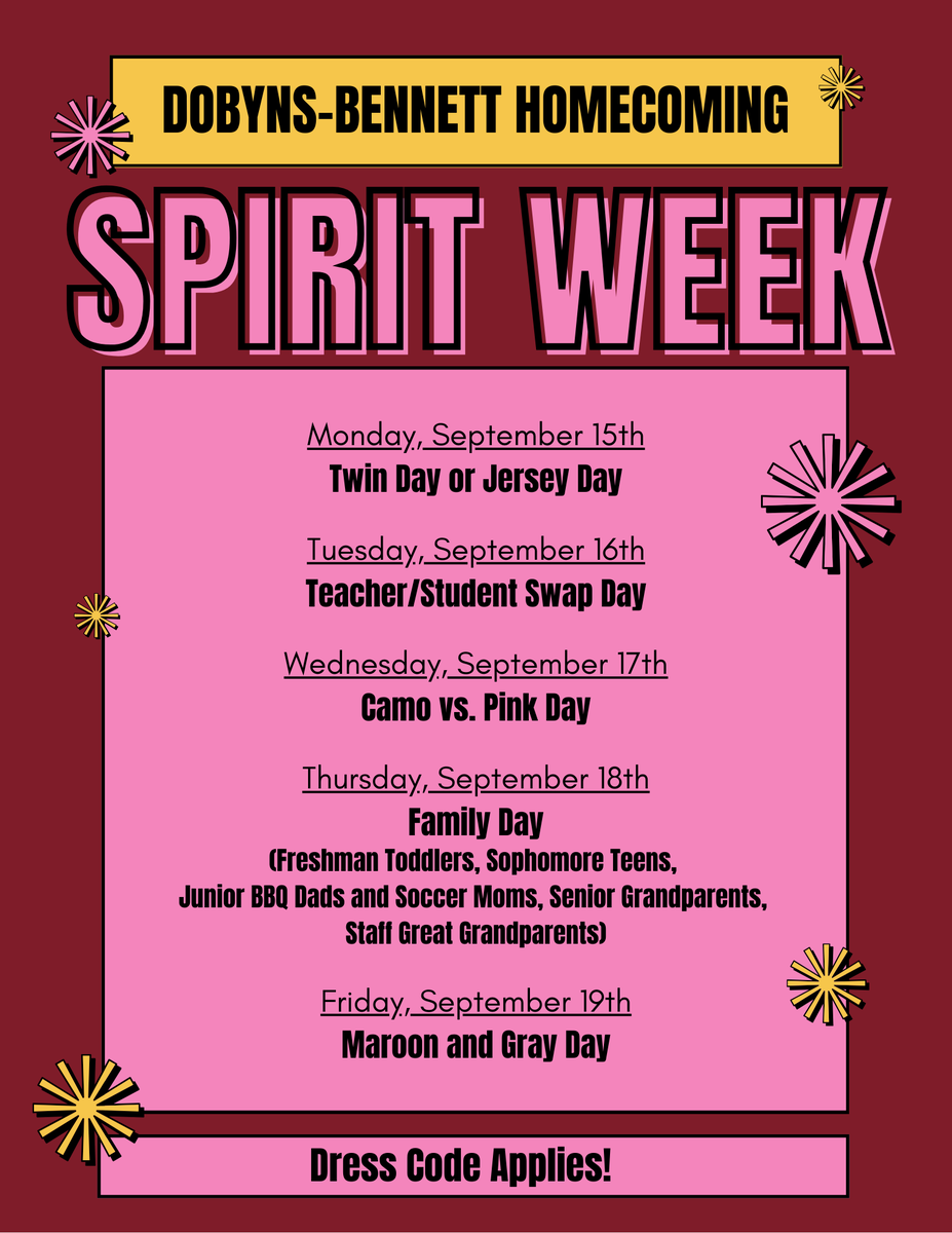 Homecoming is next week!  We hope everyone gets into the spirit of Spirit Week.🏈