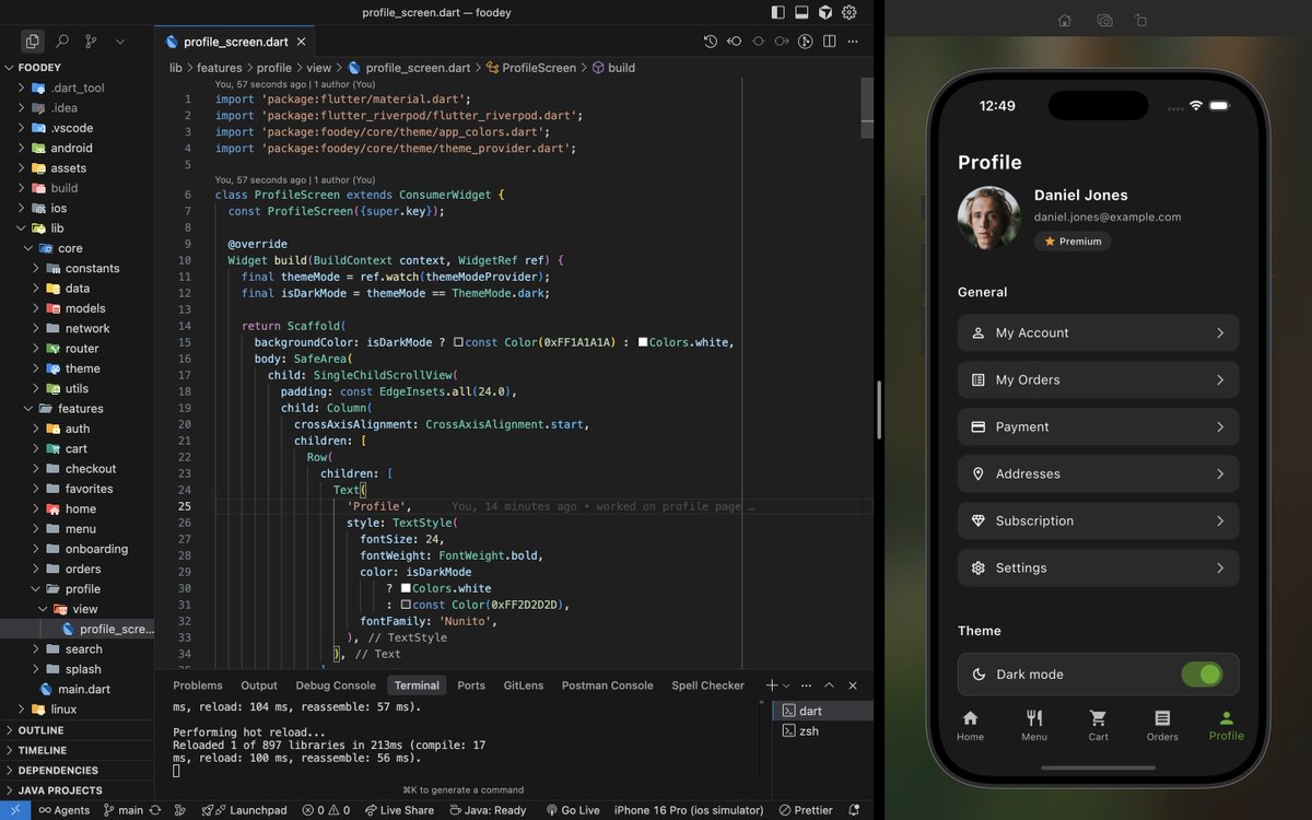 Gm everyone!  

I’ve been working on Foodey 🍔 this week, Foodey is a food ordering &amp; delivery app that I'm currently building with Flutter.  

I've finished building the entry profile page and I also implemented the dark mode toggle.

What do you think about this?