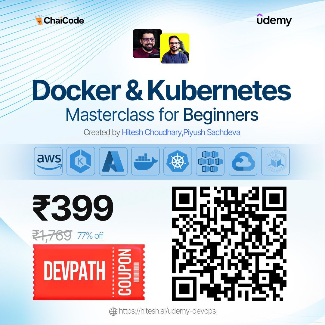 Hiteshdotcom's tweet image. 🚀 Kickstart your DevOps journey at just ₹399! 💻✨

Get &quot;Docker &amp;amp; Kubernetes for beginners&quot; on Udemy with this exclusive coupon! 🔥

🎟️ Code: DEVPATH
⏳ Valid for 5 days only!

Don’t miss out—enroll now! 

#DevOps #UdemyCourse #DockerandKubernetes #HiteshChoudhary…