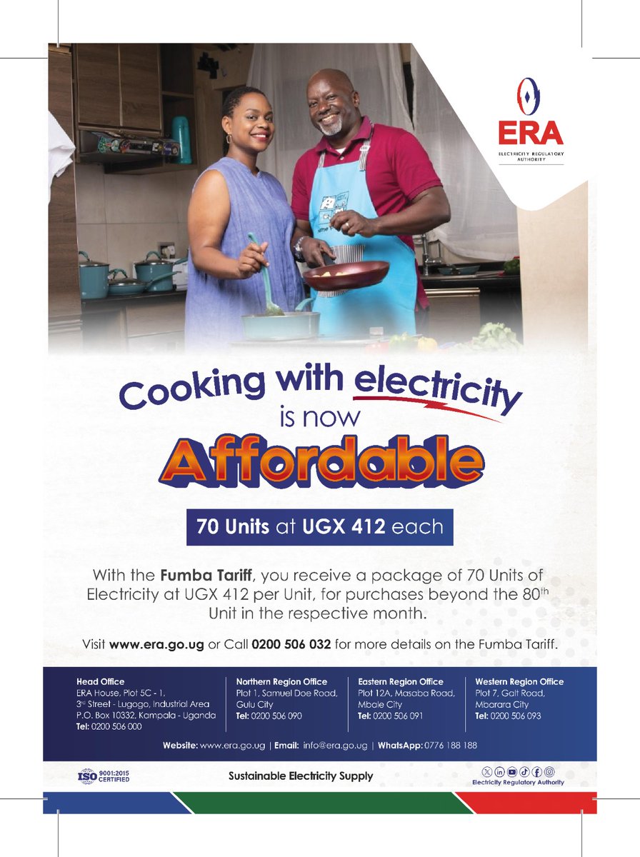 MegafmGulu's tweet image. Ad:
Save time &amp;amp; energy while cooking your favorite meals, all with the affordable #FumbisaTariff package of 70 units for just UGX 412 per Unit.  

Enjoy more cooking and less hassle.

#ERAUganda #EnergyForAll #SmartCooking 
@Dan_Olinga