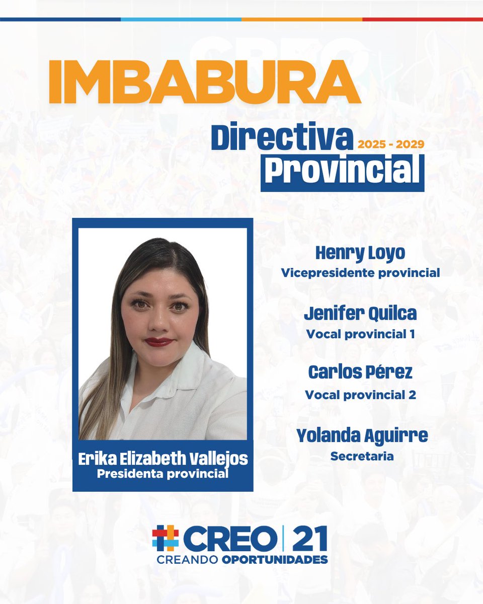 🔵 Conoce a la nueva Directiva Provincial de Imbabura🇪🇨

Ellos asumen el compromiso de fortalecer a #CREO21 en los 6 cantones de la provincia y trabajar con dedicación por un Ecuador democrático, libre y lleno de oportunidades.

💙 Con su liderazgo, seguimos creando