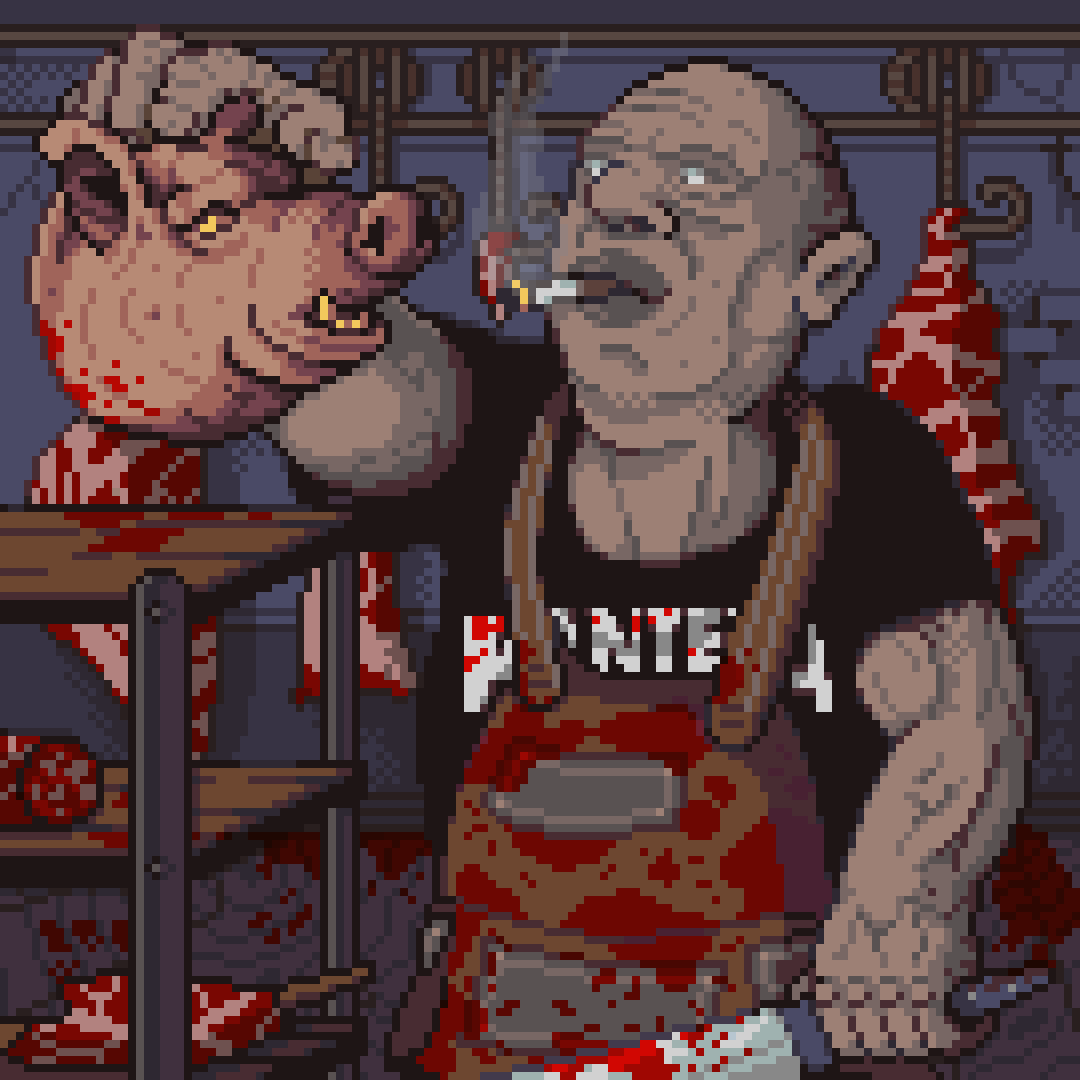 PriceRengy's tweet photo. 💀 Fresh from the slaughterhouse – pixel art style.
Gritty, raw, and a little unsettling
.
.
.
#pixelart  #pantera  #darkart  #RetroGaming #indiedev  #DigitalArtist  #butcher  #pixelartist https://t.co/YP7jL94Acd