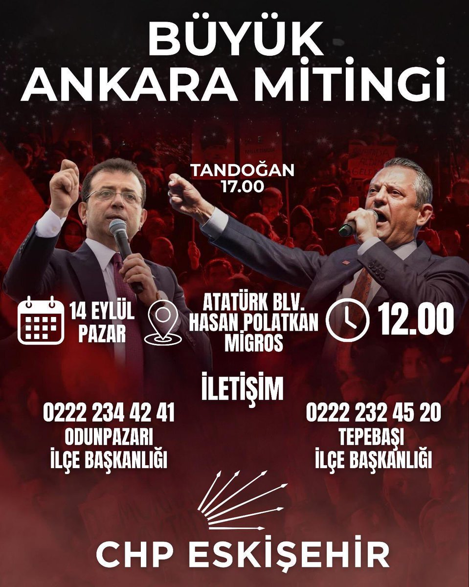AvKazimKurt's tweet photo. Vesayete karşı, demokrasi için!
Kayyıma ve darbeye karşı, halkın iradesi için!

Genel Başkanımız Sayın Özgür Özel’in öncülüğünde gerçekleştireceğimiz Büyük Ankara Mitingi’ne tüm yurttaşlarımızı davet ediyoruz.

🗓 14 Eylül Pazar
🕕 17.00
📍 Tandoğan Meydanı – Ankara

Katılmak isteyen hemşehrilerimiz Odunpazarı ve Tepebaşı ilçe başkanlıklarımızla iletişime geçebilir.