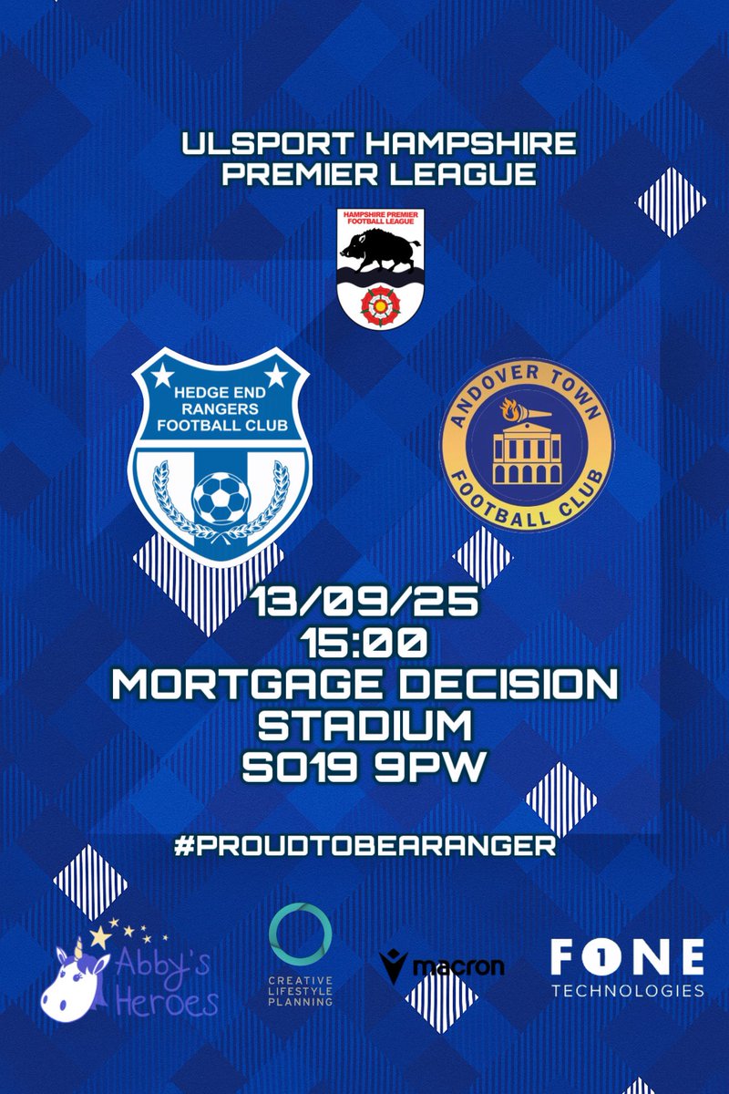 HedgeEndRangers's tweet image. THIS SATURDAY 

We face @Andovertownfc at The Mortgage Decision Stadium looking to make it 3 from 3 in September 

Come on down and support the Rangers

📅: 13/09/25
⏰: 15:00
🏟:MORTGAGE DECISION 
🚘:SO19 9PW
🏆: @HantsLeague
🎟️: £6/£3 / FREE 
🍔: OPEN @ 13:30
🍺: OPEN @ 13:30