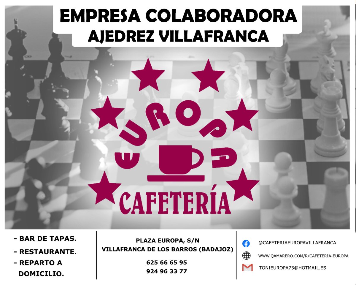 AjedrezVca's tweet photo. UNA NUEVA EMPRESA SE UNE A NUESTRO PROYECTO
Le damos la bienvenida a Restaurante Cafetería Europa y a su gerente Toni.
Está situado en la Plaza de Europa de Villafranca.
Contacto:
- 625 66 65 95
- 924 96 33 77
- Email: tonieuropa73@hotmail.es
- Web: https://t.co/GGqTTUsd5q https://t.co/5jVyWtjXDv