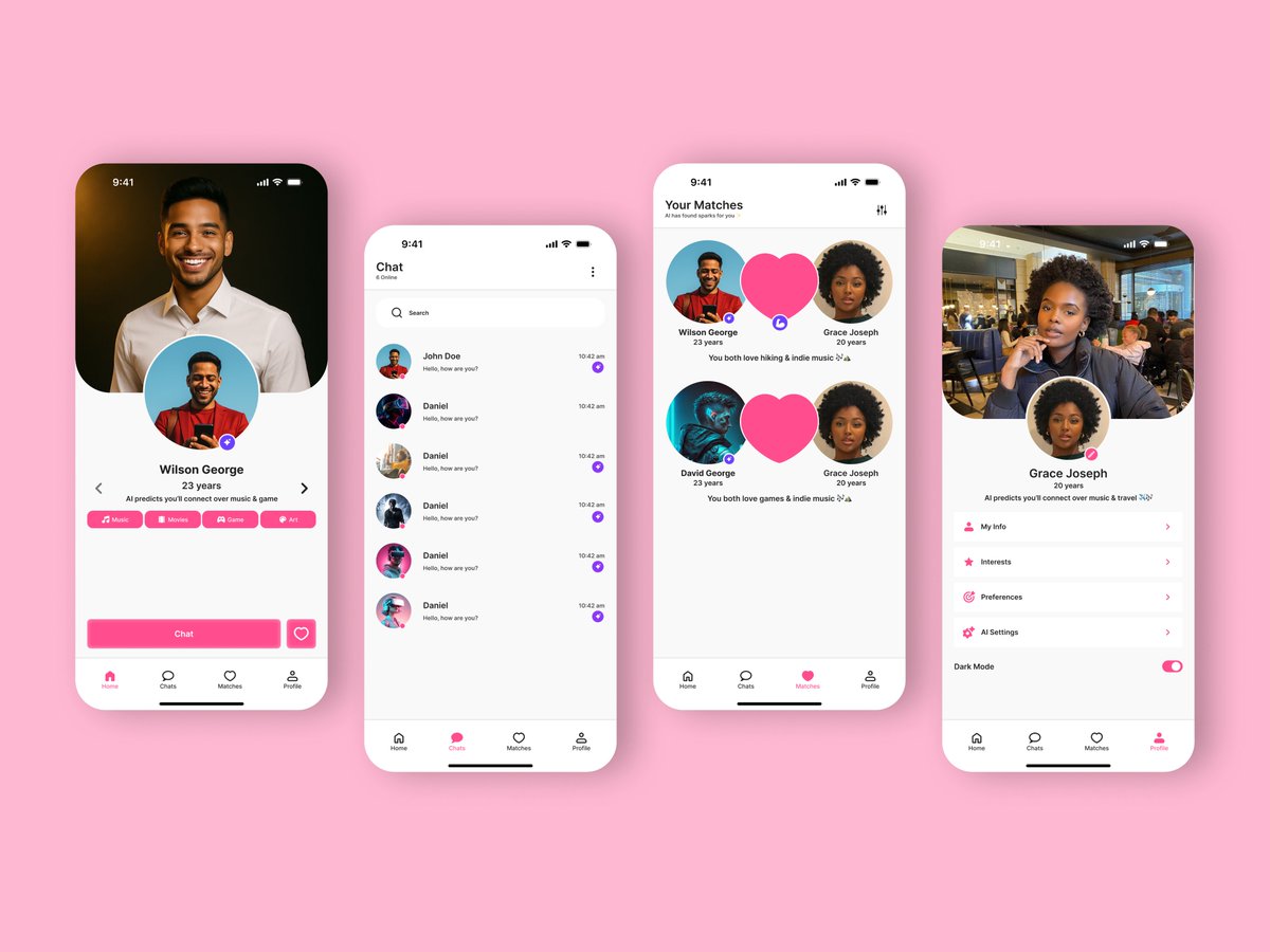SkyezKreative's tweet image. #DatemyAIapp challenge by @Tegadesigns 

This is my submission for the challenge  The app solves the problem of wasted time and awkward conversations in online dating by using AI to pre filter matches and start natural chats 

#Mobileappdesign #UI