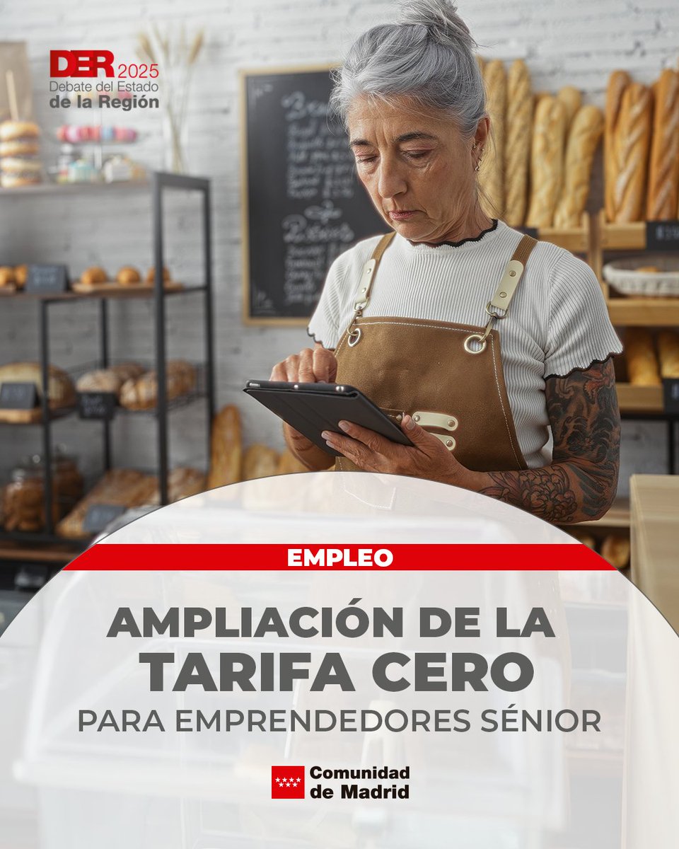 🙌  En el #DER2025MADRID se anuncian hoy ayudas para nuevos autónomos mayores de 52: 480€/mes por 1 año + 100% bonificación en cotizaciones.

🧓 Además, parados mayores de 45 podrán unirse al Plan ReActívate90 para recualificarse según sus intereses.

➡️ c.madrid/h0ghq