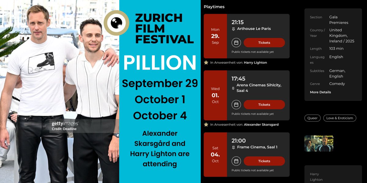 PILLION is coming to the Zurich Film Festival September 29, October 1&amp; 4 with Alexander Skarsgård Harry Lighton announced to attend. zff.com/en/movies/pill… #Pillion