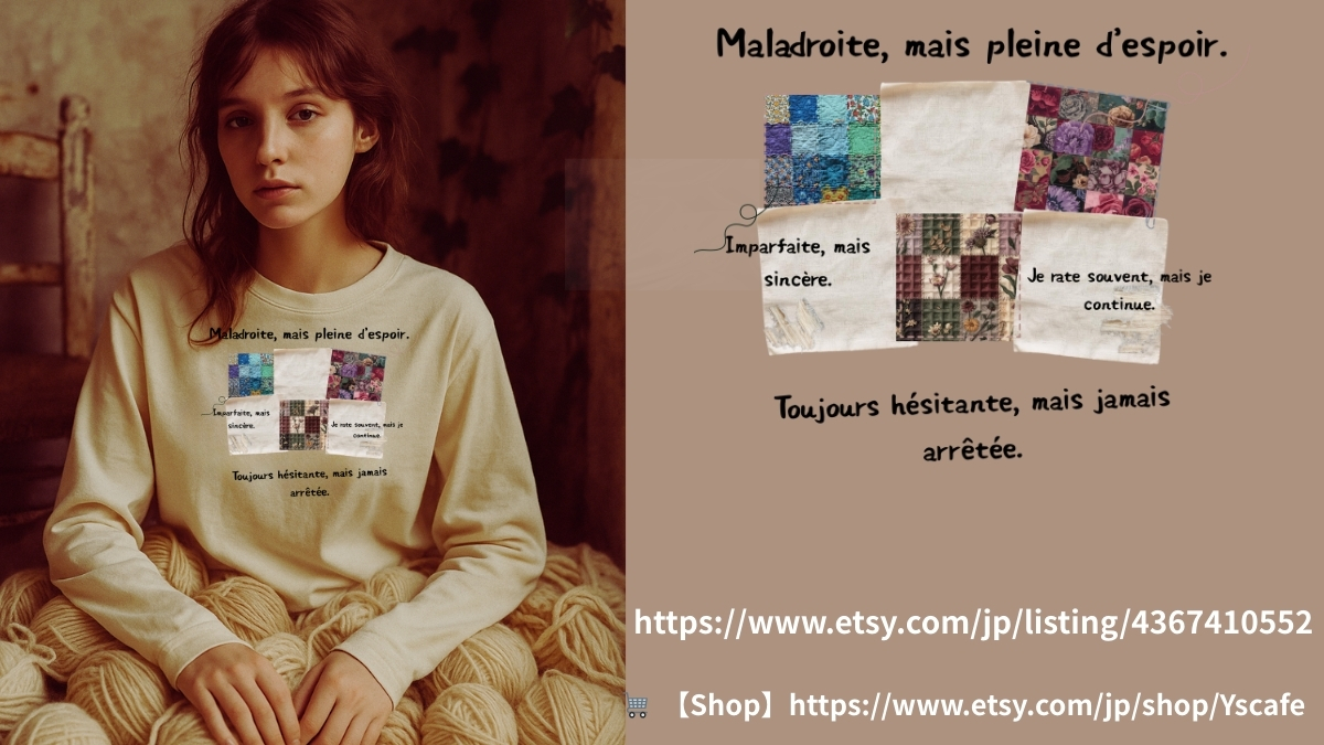 cafeY8754's tweet image. 🧵 Imperfect but sincere.
Handmade-inspired patchwork long sleeve with raw details &amp;amp; French lyric spirit.
“Pas parfaite, mais sincère.”etsy.com/jp/listing/436…
etsy.com/jp/shop/Yscafe

#patchworkstyle
#longsleevetshirt
#comfortcolors
#handmadespirit
#frenchvibes
#poeticfashion
