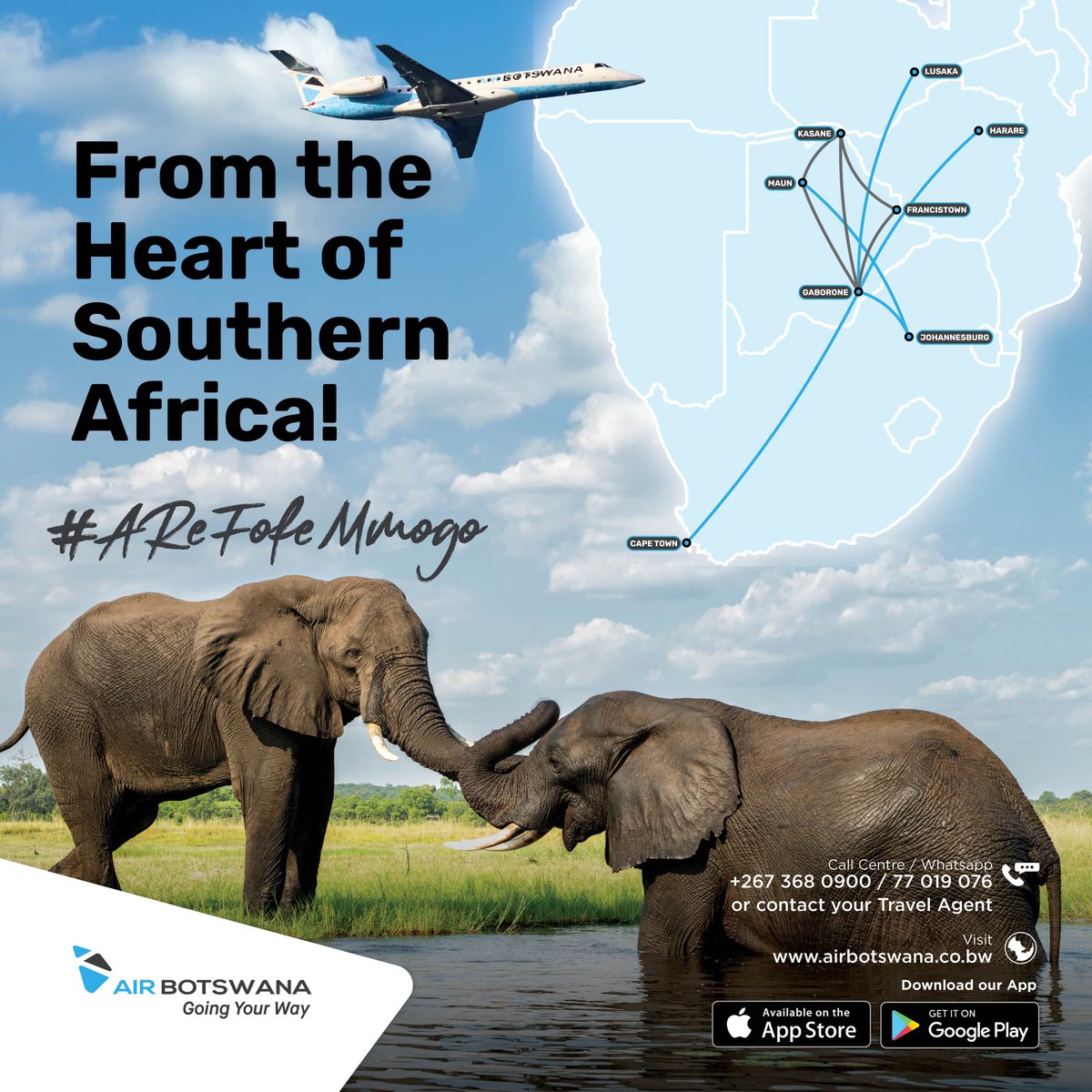 From the heart of Southern Africa, we connect dreams, destinations, and people. ✈️

With every flight, we journey, explore, and celebrate the timeless beauty of our land and beyond.

A Re Fofe Mmogo…Let’s fly together

#AReFofeMmogo #GoingYourWay #AirBotswana