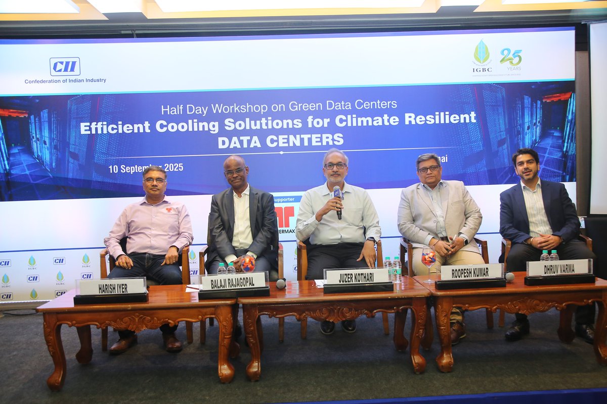 IGBConline's tweet photo. IGBC Workshop Highlights: Efficient Cooling for Data Centers
Novotel, Chennai |  10 Sep 2025
Key Takeaways:  Sessions on green data center practices &amp; innovative cooling solutions

#CII4Sustainability #IGBC #GreenDataCenters #NetZero https://t.co/t20pzzKk5x
