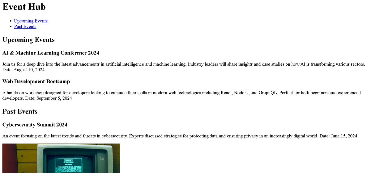 DRex_code's tweet image. 🚀 Just built a clean Event Hub page with pure HTML5!
Features upcoming &amp; past events with semantic tags (&lt;header&gt;, &lt;section&gt;, &lt;article&gt;).
Screenshot below 👇
#HTML #WebDev #100DaysOfCode