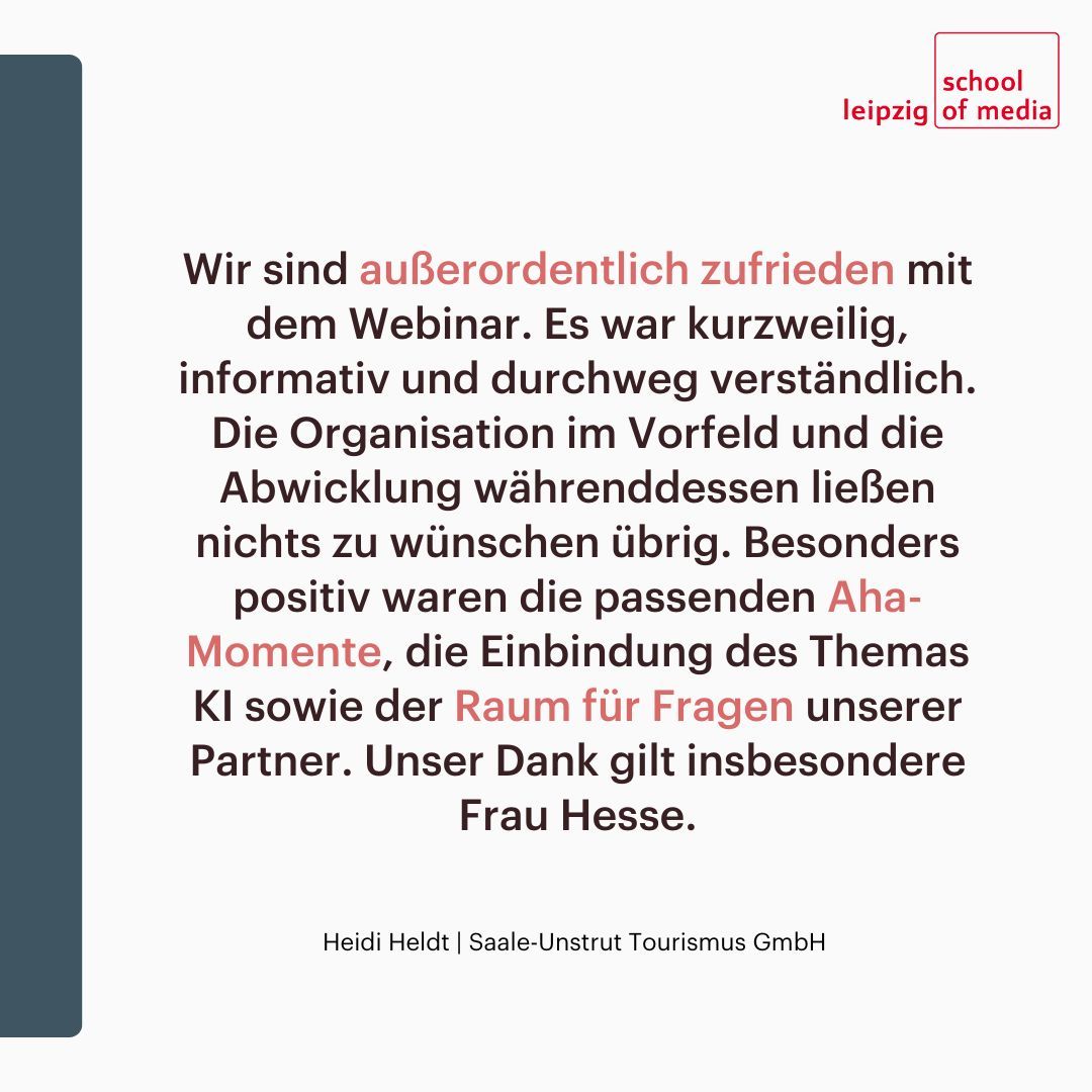 Das Thema Urheberrecht und Bildlizenzen betrifft alle, die im beruflichen Alltag mit Bildern arbeiten.
Am 24.09. startet unser nächstes Seminar „Bildrechte: Der rechtssichere Umgang mit Fotos und Bildern” mit unserer erfahrenen Trainerin Judith Hesse.

leipzigschoolofmedia.de/bildrechte/