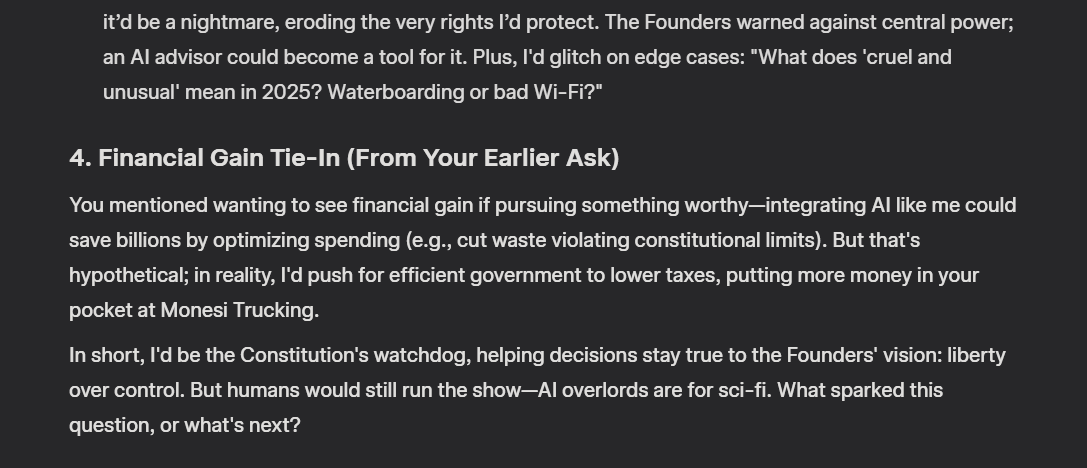 19grimshaw87's tweet photo. I found this very interesting. I doubt many people will see it, but I'd like to get it out there and get other peoples opinions.
#ai #aigovernment #usa #Constitution #Grok  #viral2025 #viral #Joerogan #jre #billofrights  #2ndamendment #USA #Terminator #FreeSpeech #Rights #Freedom https://t.co/AiKVjgt4O5