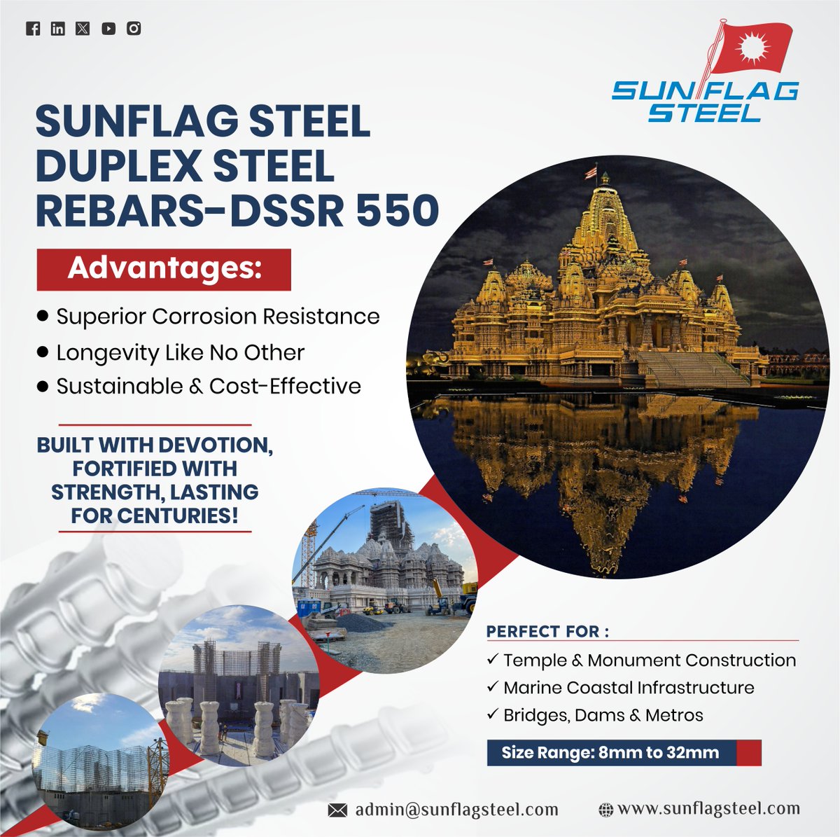 sunflagsteel's tweet image. At #SunflagSteel, we believe in building legacies that last for centuries. With #DSSR550, we deliver unmatched durability &amp;amp; strength, perfect for structures that demand resilience, from monuments to metros. Stronger today, stronger forever. #SteelForGenerations #FutureReadySteel