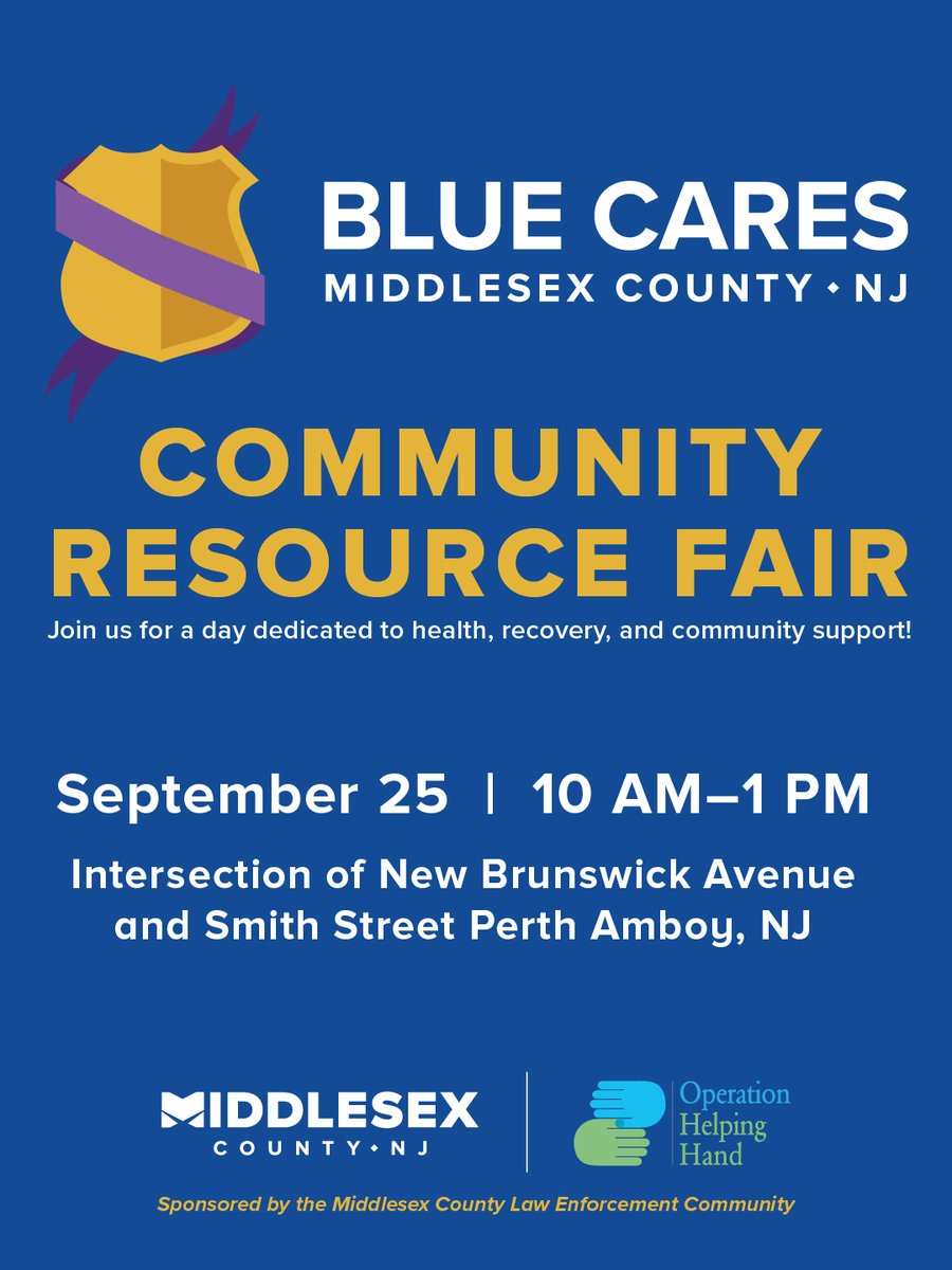 MiddlesexCntyNJ's tweet photo. π§ π Need #support? The BLUE CARES #ResourceFair is here to help.
π Perth Amboy (New Brunswick Ave & Smith St)
π Sept 25 | π 10AMβ1PM
β Narcan training/kits
β Addiction resources
β Food, hygiene, housing help & more https://t.co/EYgQoSDv1f