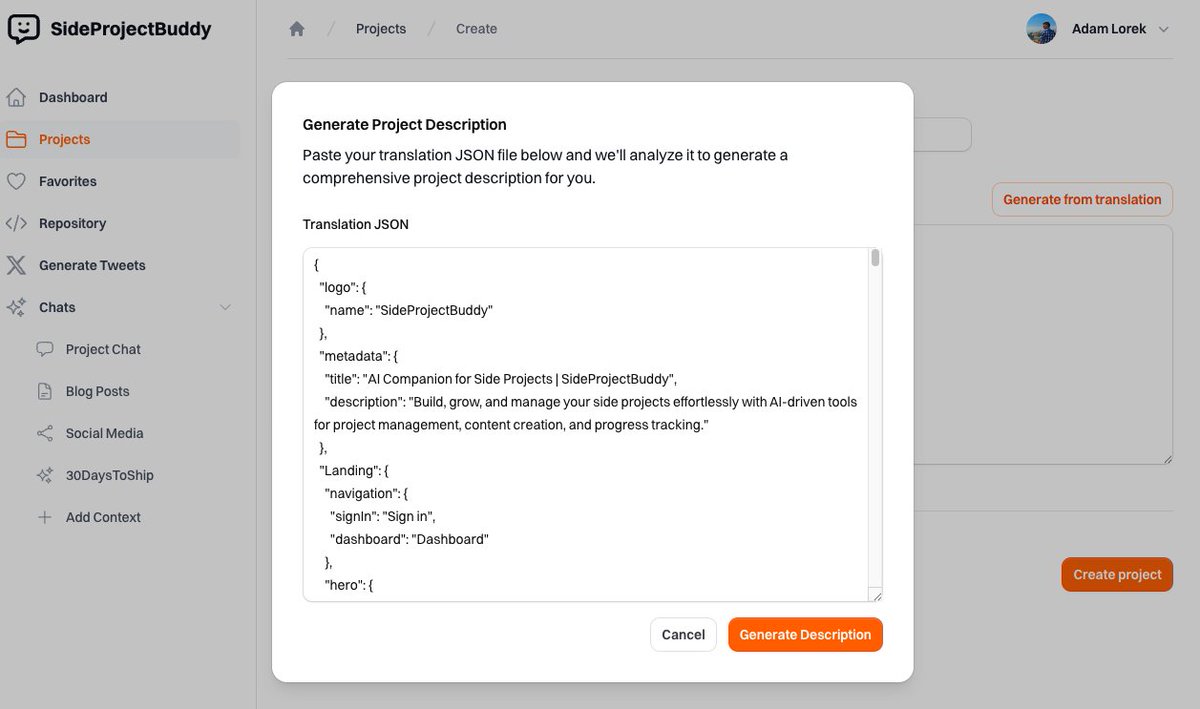 ALorek's tweet photo. Day 2 of #30DaysToShip - Today's progress was all about enhancing user experience! 🌟 I implemented a feature where users can paste their translation JSON file into a textarea, and the project description is generated. #SideProjectBuddy #DevProgress #AI #Productivity https://t.co/EZBZwXbIMe