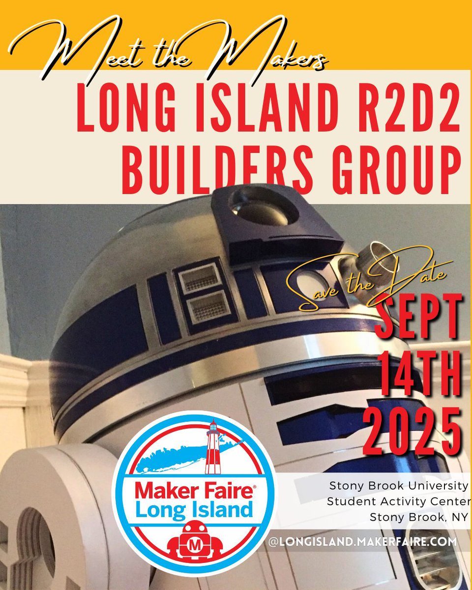 🤖 Meet the Makers: LI R2D2 Builders
Life-size, operational R2-D2 droids built on Long Island! Bringing fandom + robotics to charity &amp; community events.
🎟️ buff.ly/JTYIX11

⚡ Free Circuit Board Badge w/ advance tickets!

#MeetTheMakers #R2D2 #DroidBuilders #MakerFaireLI